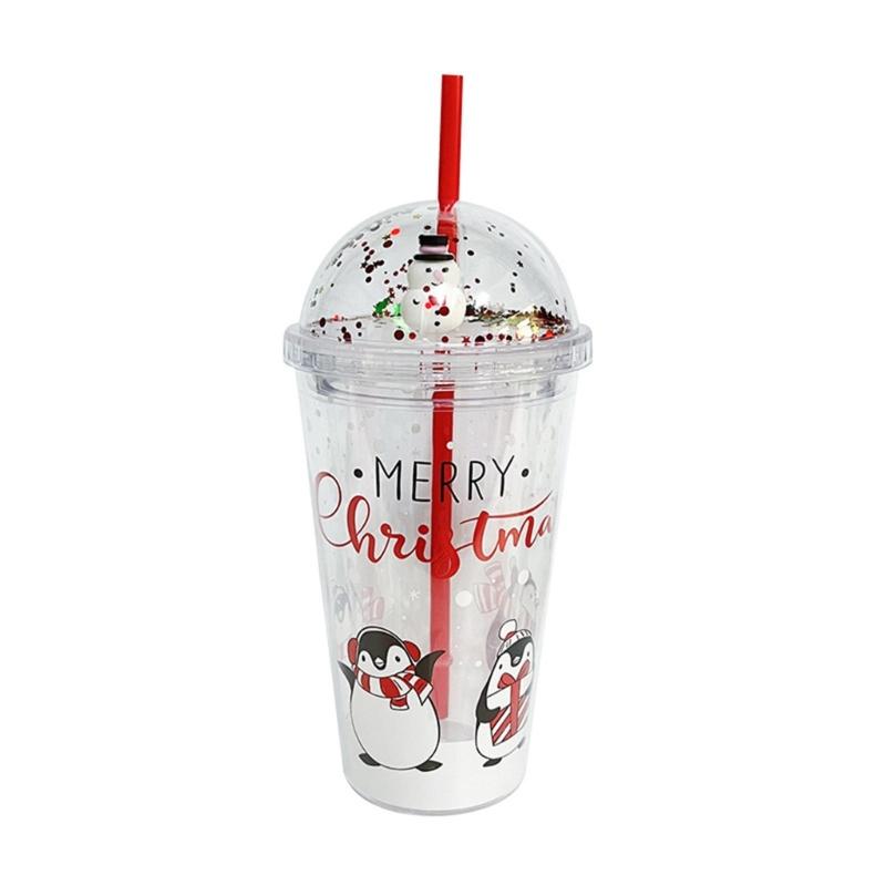 Bicchiere Riutilizzabile a Tema Natalizio con Cannuccia e Coperchio 450ml Adatto come Regalo per la Festa di Natale