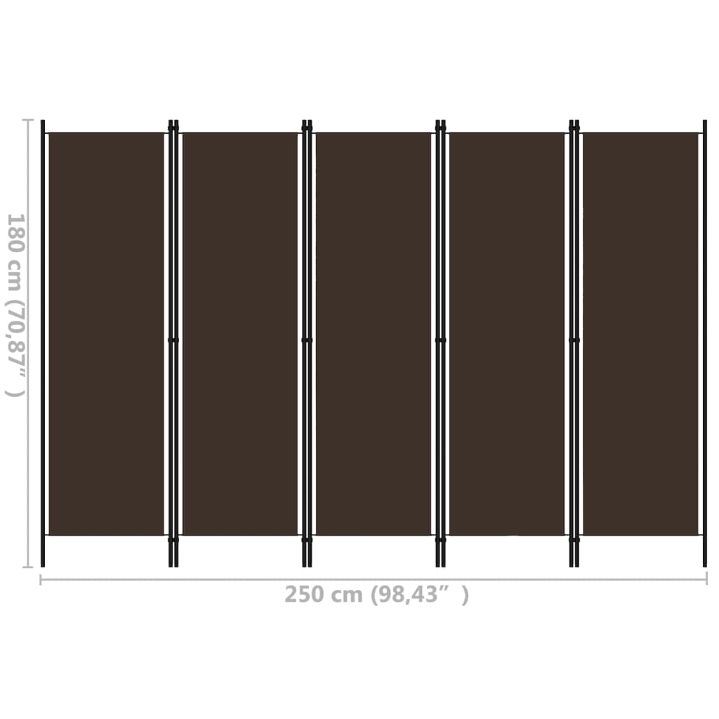 5 Piece Room Divider Brown 250 X 180 Cm