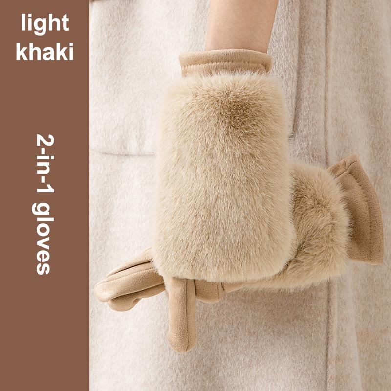 

Thickened Suede Gloves For Women Cold Weather Winter Warm Gloves With Rabbit Faux Fur Can Detachable Thermal Lining Party Gloves
