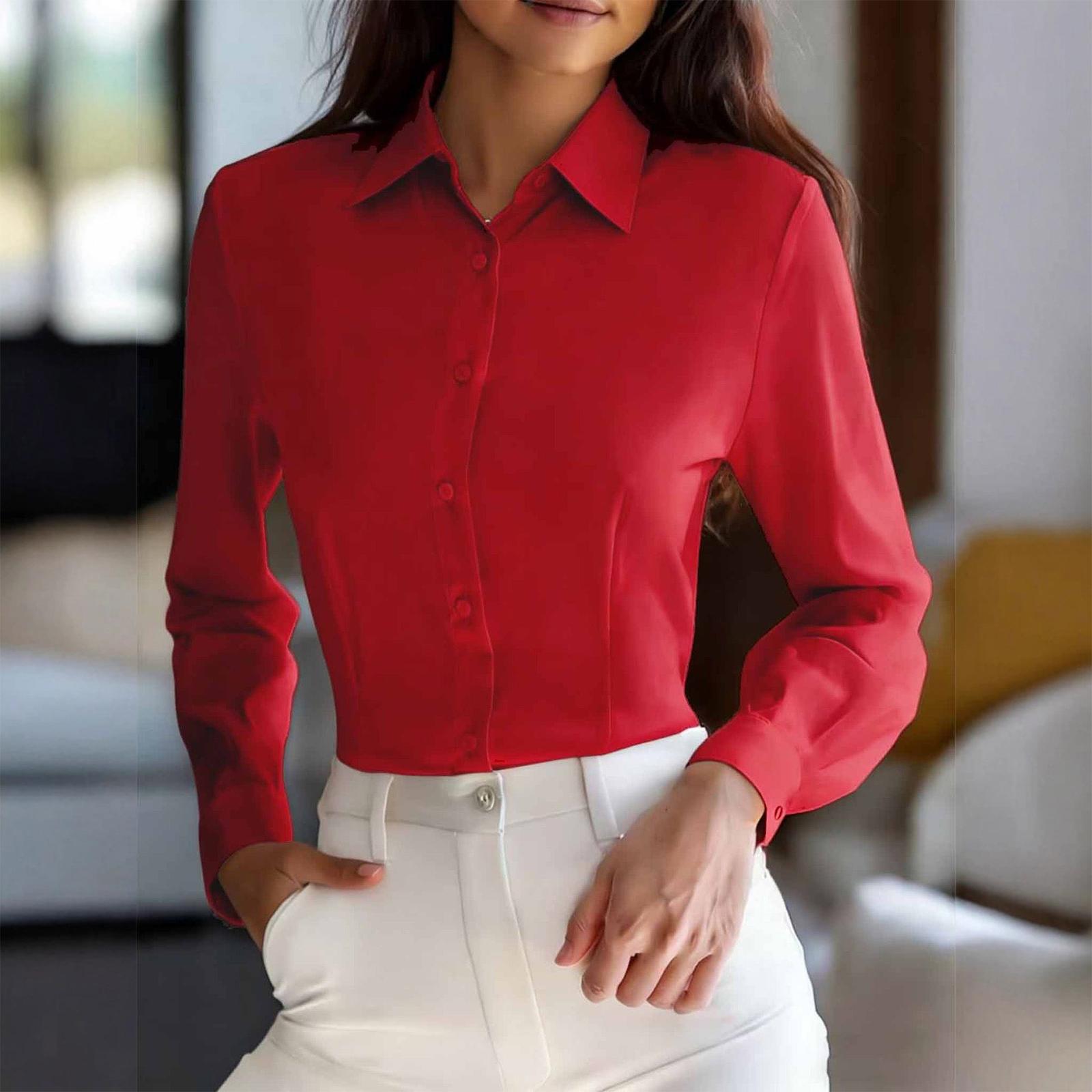 

Women s Fashionable Color Lapel Long Sleeved Waist Cinched Business Casual Shirt Top L червоний