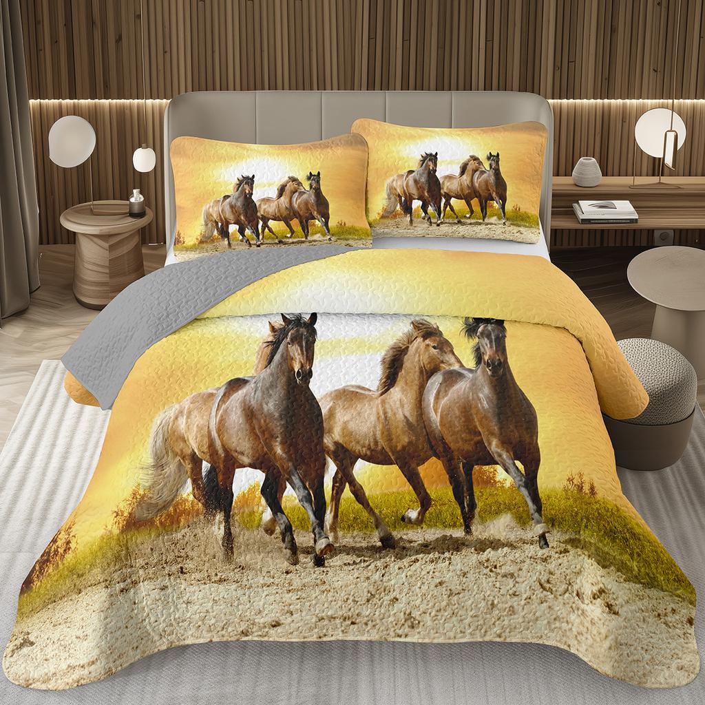 Running Wild Horses Print Quilted Bedspread Coverlet 2/3-Piece Rustic Bedding Set Reversible Lightweight Quilt Set Queen/Full
