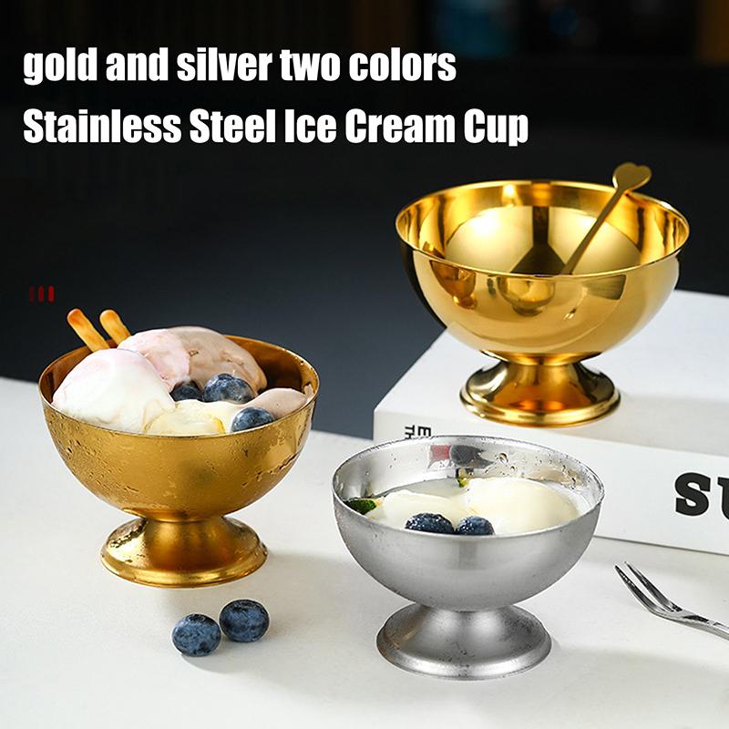 Stainless Steel Ice Cream Cup Gold Silver Safe Salad Cup with Dessert Bowl And Ice Cream Spoon Kitchen Accessory for Household