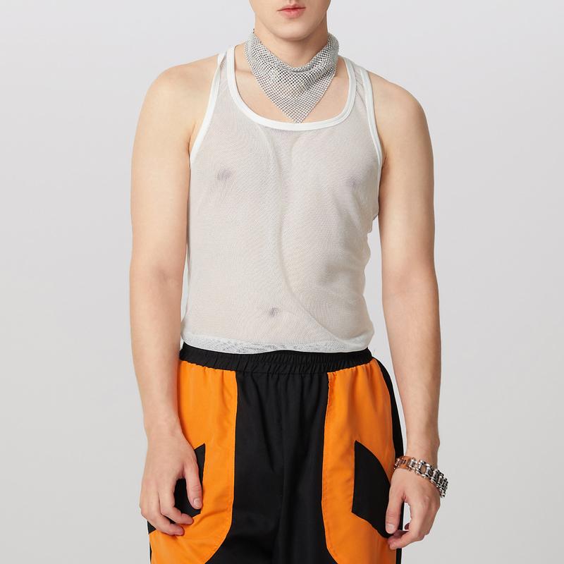 

INCERUN Men Round Neck Sleeveless Mesh Sheer Racerback Fitted Tank Tops S белый