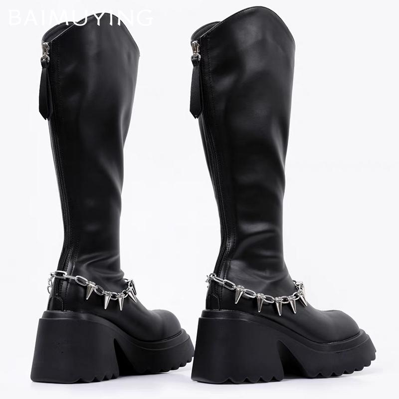 Chunky Platform Women High Boots Chain Leather High Heels Fashion Shoes 2025 Trend Designer Pumps Knee High Winter Botas Mujer