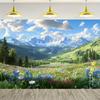 2D Plane, 1 Piece of a Spring-themed Blooming Flower and Mountain Scenery Background Banner