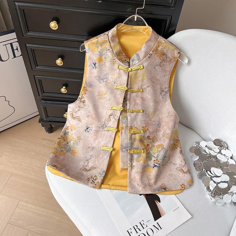 

6423 Жилет для матери среднего возраста весна-лето 2025 новый широкий жилет без рукавов со стойкой и зажимом для волос 3XL ([Recommended 138-75kg])