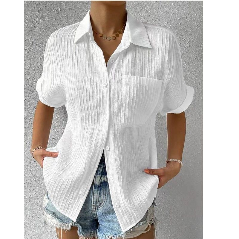 Open Front Shirt Patch Pocket Solid Casual Collar Insert Sleeve Women's Short Sleeve Shirt
