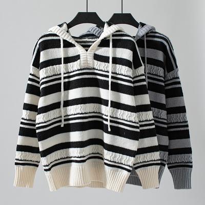 Women's Autumn and Winter Striped Sweater European and American Foreign Trade Pullover Hooded Drawstring Knitted Sweater
