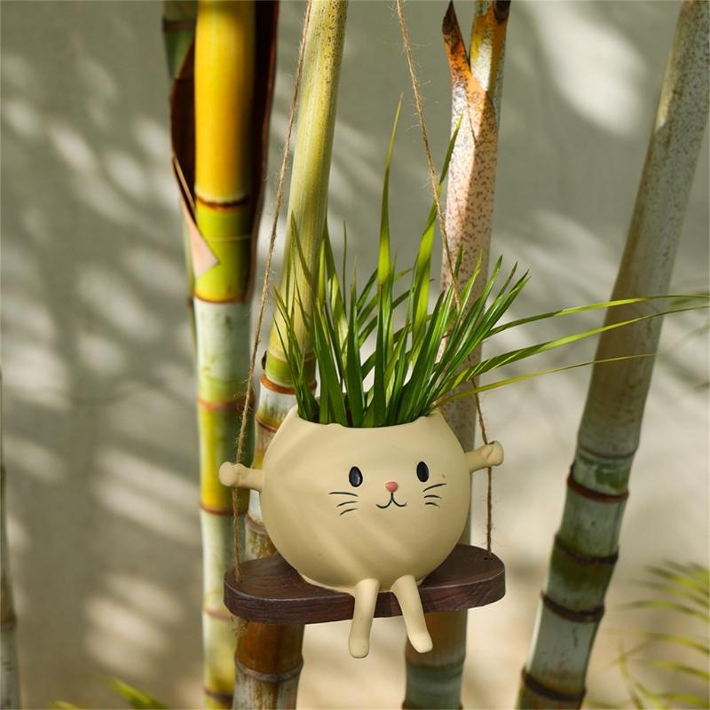 Playful Feline Shape Planter With Rocking Chair Design Lightweight Resin Flower Pot Decoration Fit for Home Balcony Desk