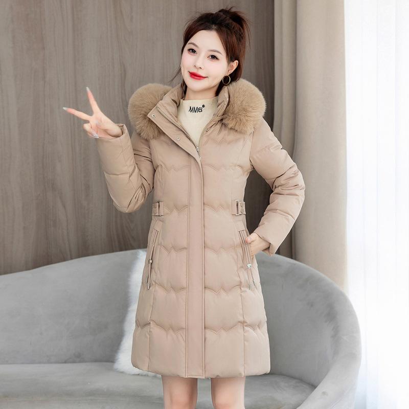 New Big Fur Collar Padded Jacket Winter Coat Fashion Medium and Long Hooded Padded Jacket Waist Rope Thin Padded Jacket Women