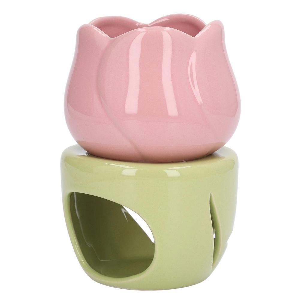 Pink Flower Shape Ceramic Aromatherapy Burner with Green Stand Tealight Candle Holder Essential Oil Burner