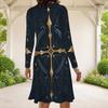 Women Plus Size Round Neck Long Sleeve Red Blue Star Swirl Printed A Line Dress