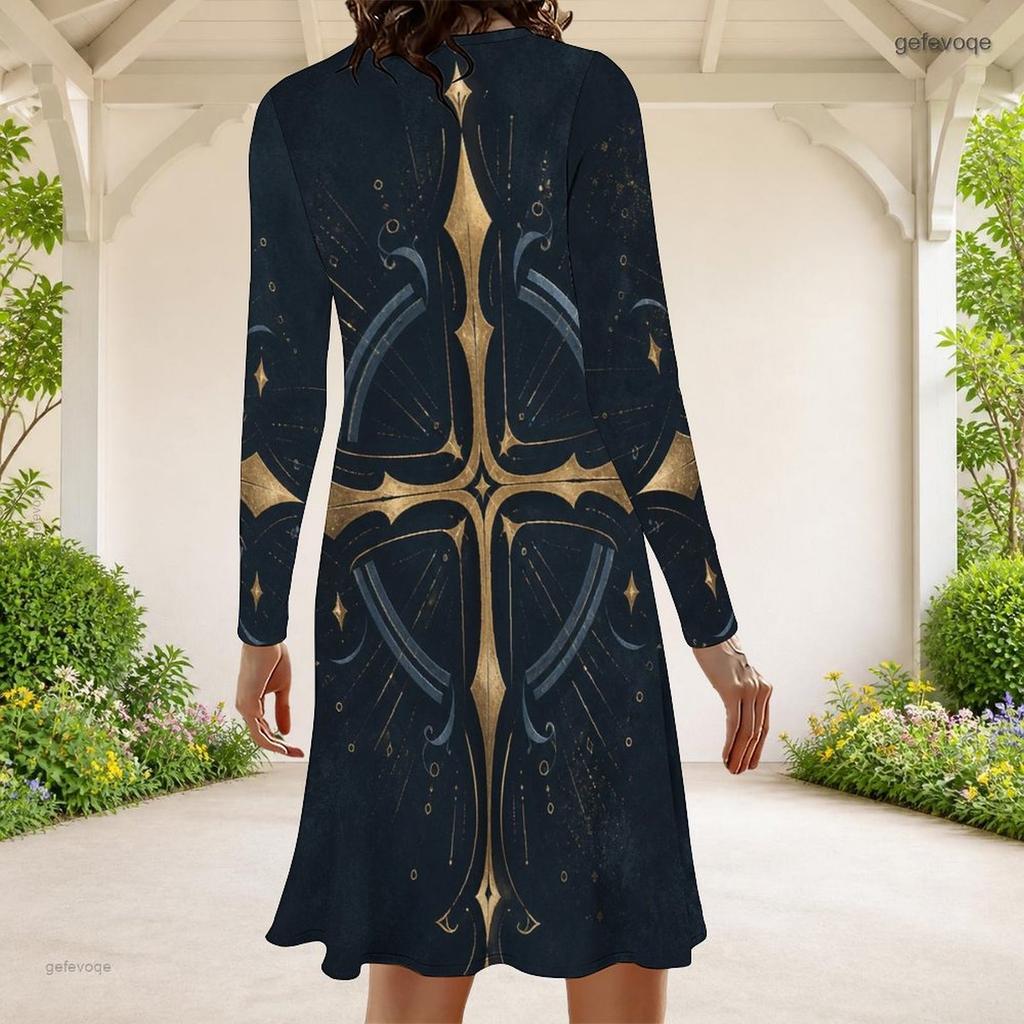 Women Plus Size Round Neck Long Sleeve Red Blue Star Swirl Printed A Line Dress