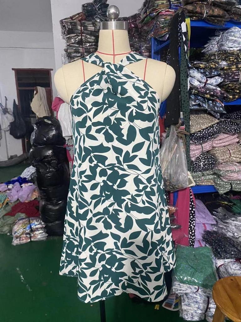 Halter Neck Flower Print Dress Lace Up Ruffle Edge Backless Dress Sleeveless Chiffon Dresses Causal Women Dress