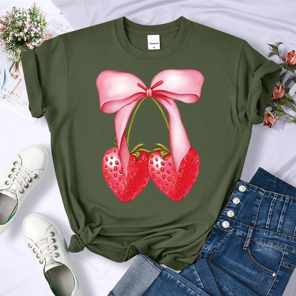 Summer Pink Bow Strawberry Design Pattern 3D Printed T-Shirts Women Crewneck Casual Multicolor Tee Tops Summer Soft Short Sleeve