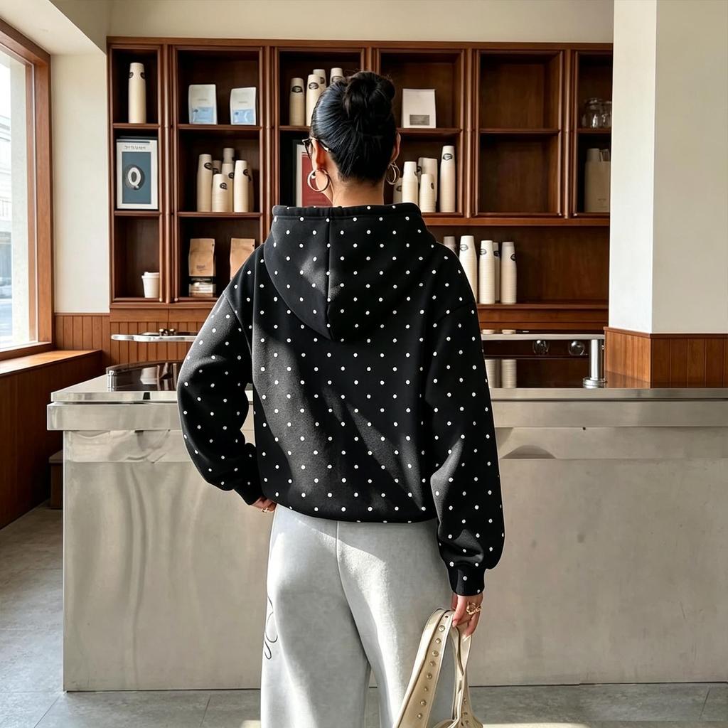 Felpa con cappuccio da donna a pois, vestibilità ampia, top casual a pullover
