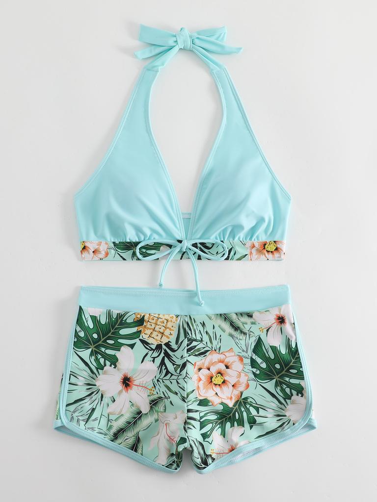 Swimsuit Women's split high waist flat angle strap print solid color splicing Internet celebrity swimsuit