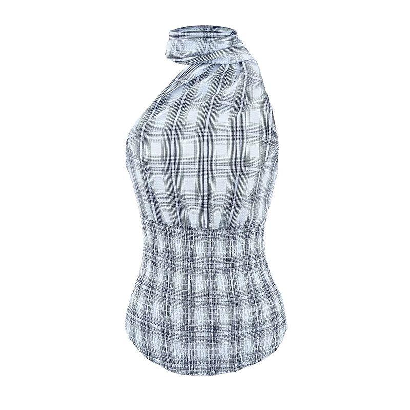 

Millennium Gyaru Blondita Same Style American vintage Y2g Pure Desire Plaid Hanging Neck Top Bubble Skirt Set Blue gray plaid halterneck L