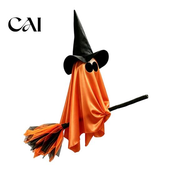 Decorative Broomstick with Ghost Mask Halloween Witch Broom Hanging Ornament, Spooky Hat Creepy Bar Ceiling Decoration Pendants for Indoor Outdoor