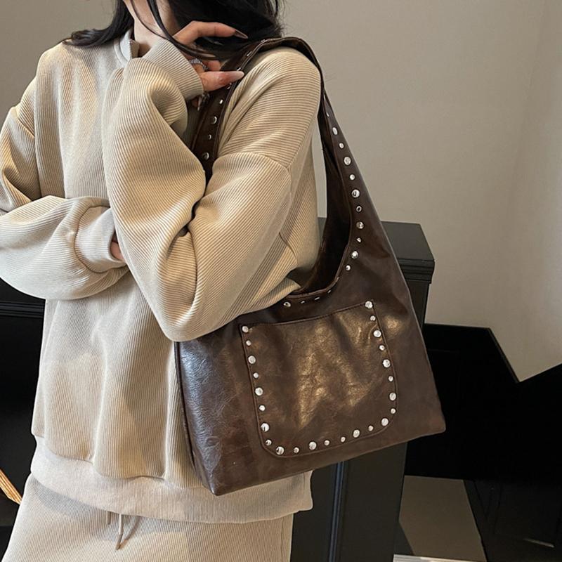 Women's Retro Rivet Solid Color Commuting Travel Shopping Tote Bag Versatile Large Capacity Shoulder Bag CLE