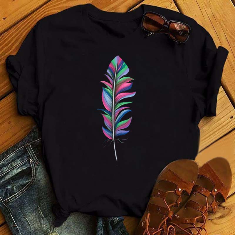 Fashion Women T Shirt Funny Butterfly Feather Print Tshirt T Shirt Summer Short Sleeve Tops Tee Female Feather T-shirts