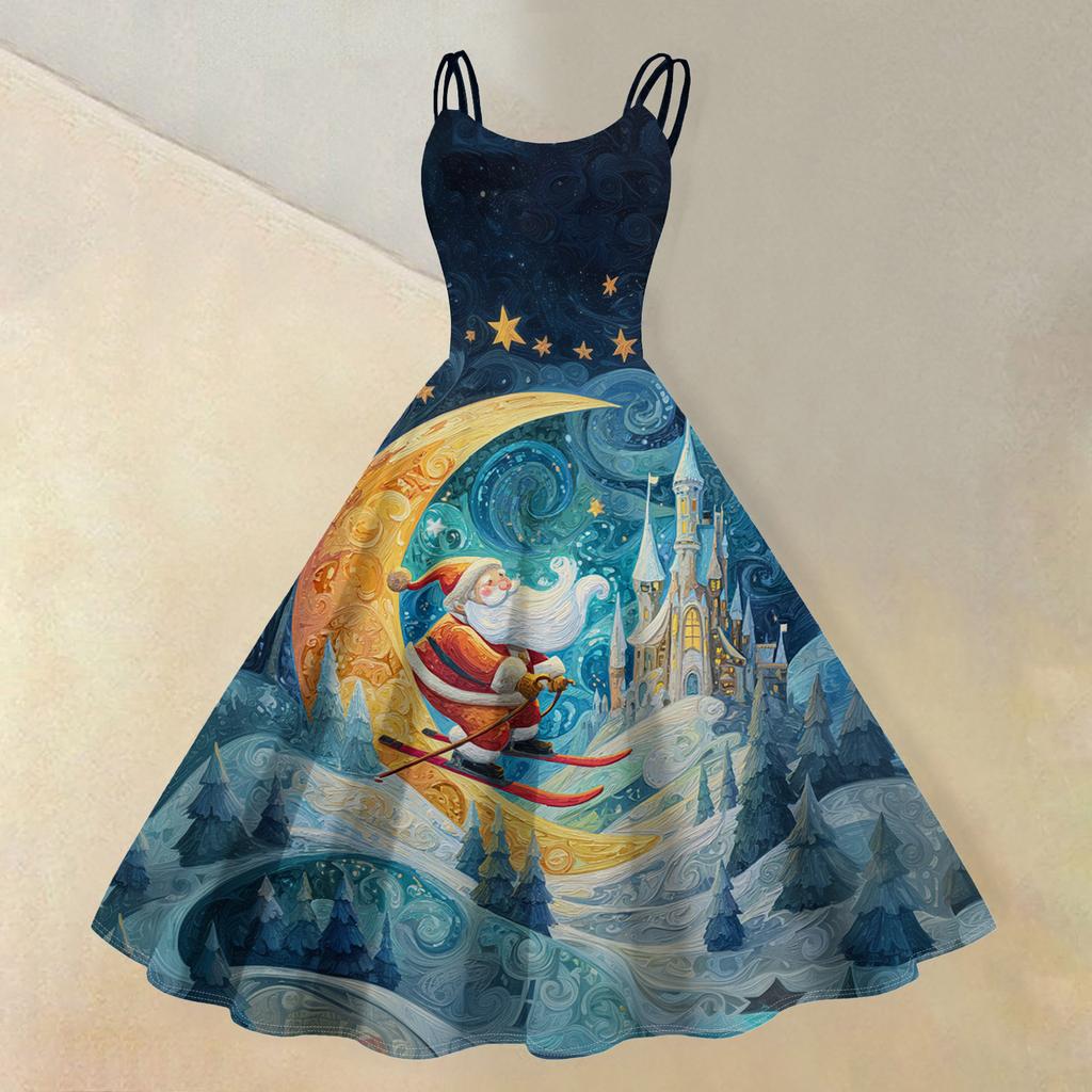 (buon Natale) Abito Casual da Donna alla Moda con Stampa Fiocco di Neve Natalizio/Albero di Natale/Pupazzo di Neve Girocollo Retro