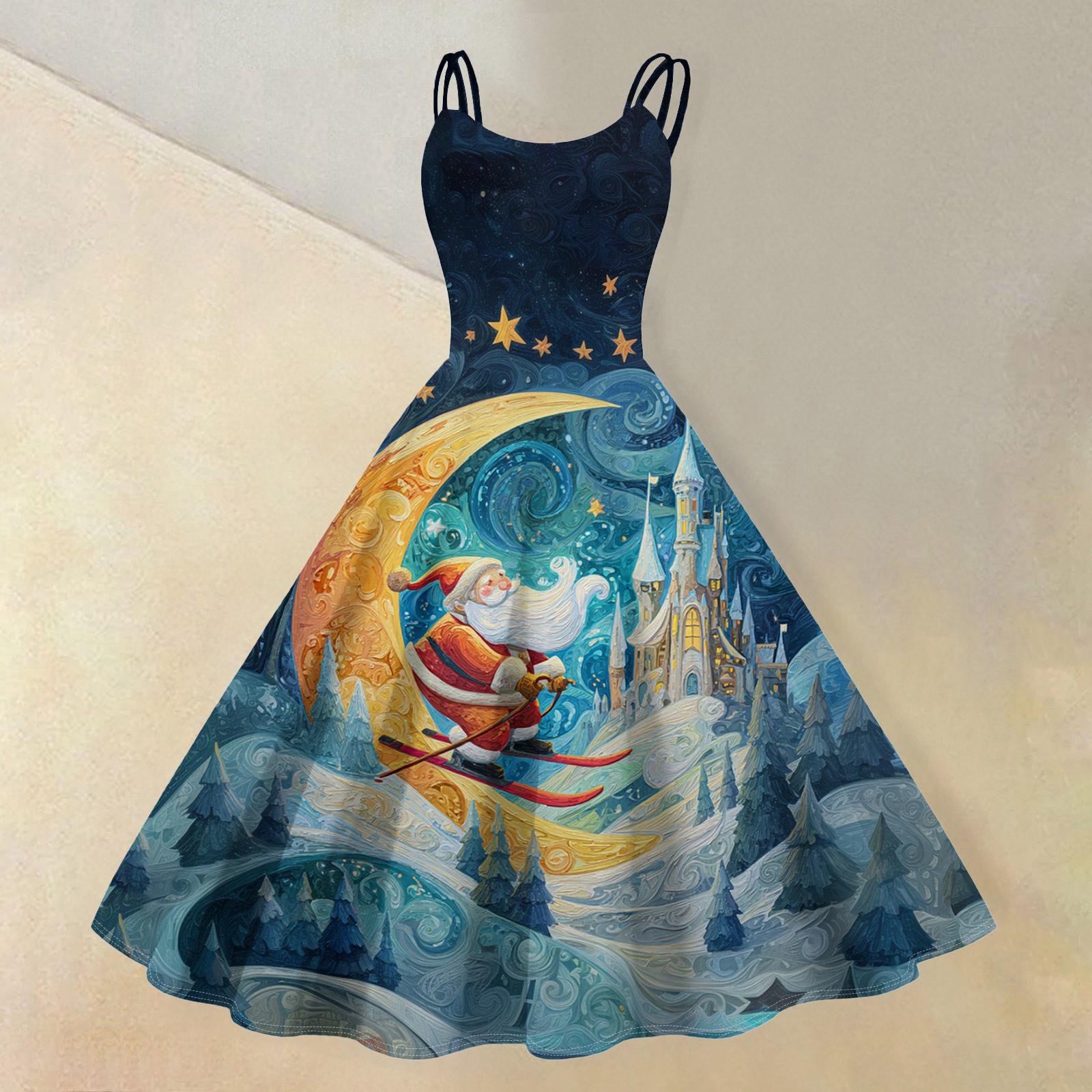 (Merry Christmas) Women s Casual Fashion Christmas Snowflake/Christmas Tree/Snowman Print Round Neck Retro Dress L синий
