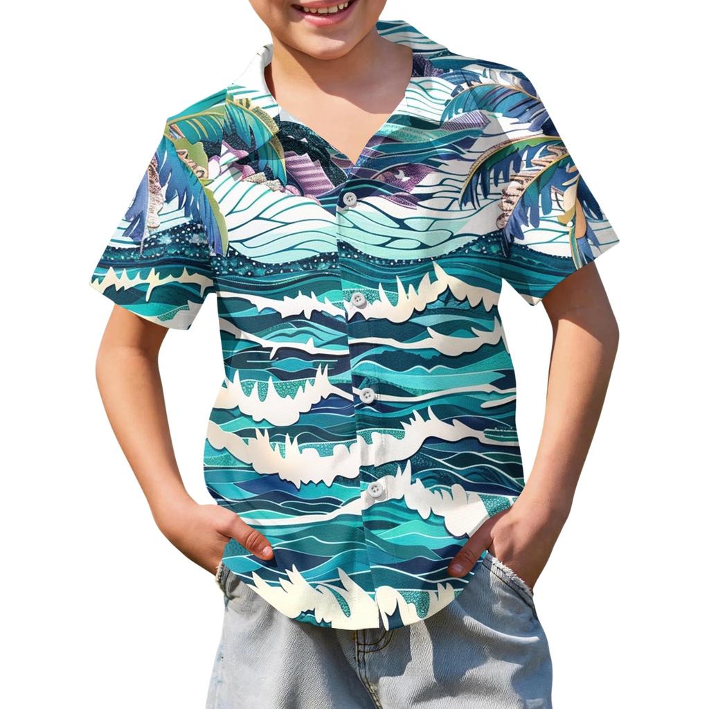 Jungen kurzärmeliges Hawaiihemd, Kinder Sommer Hemd mit Knöpfen