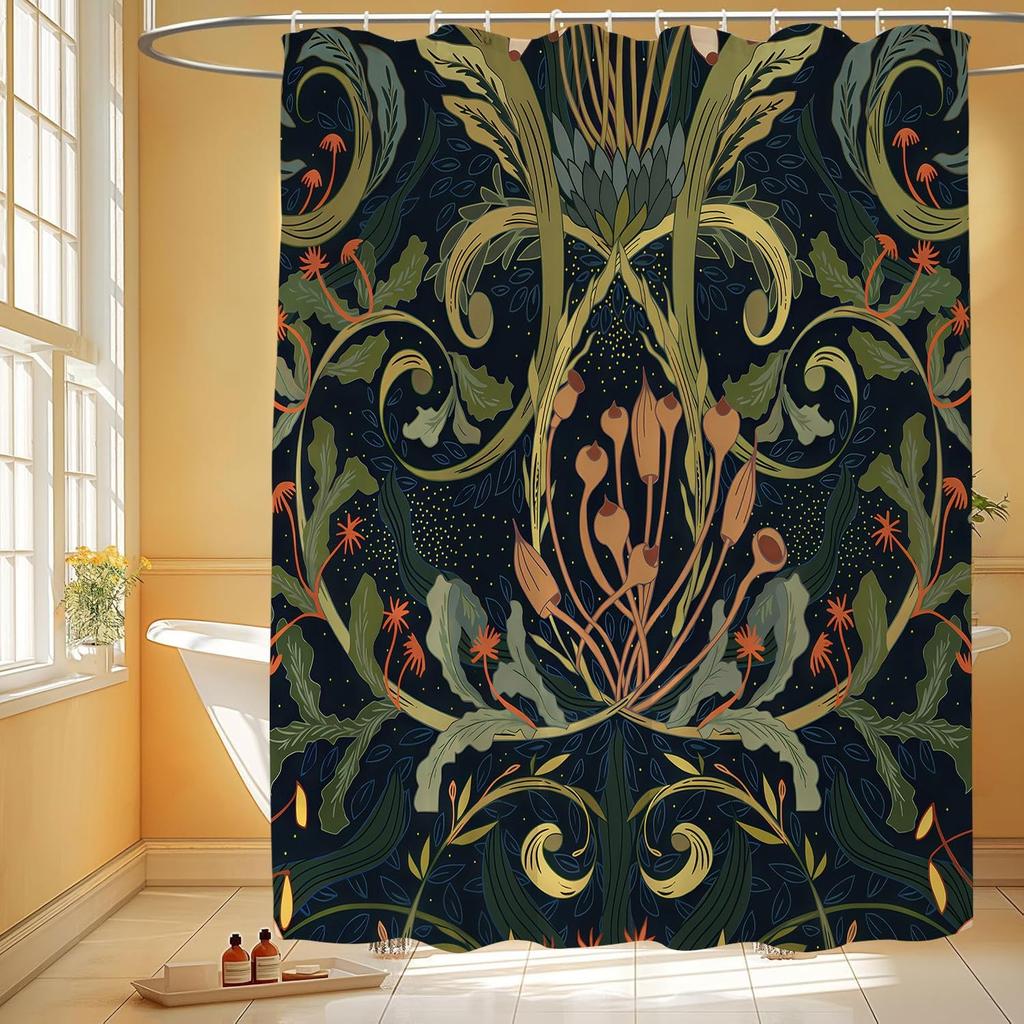 Vintage Black And Green Floral Shower Curtain Dark Bontanical Moss Bathroom Curtains Mid Century Bathroom Decor Waterproof