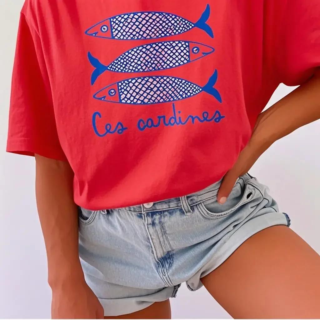 

Tomato Girl Coastal Summer Girl Fashionable Casual Tshirt Sardine Women Canned Fish Casual Shirt Summer Short Sleeved Harajuku S