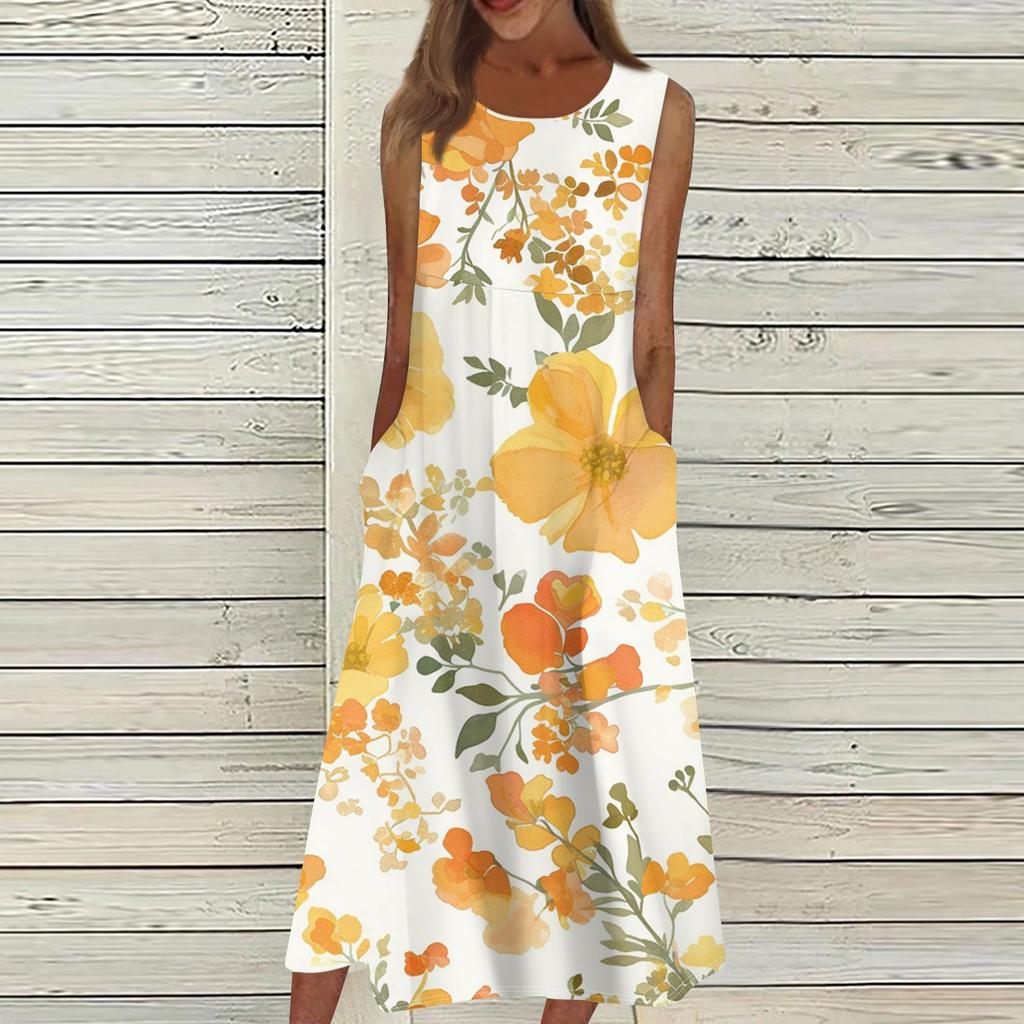 Lässige bedruckte Damenkleider mit Rundhalsausschnitt, Basic, klassisch, für den Alltag, ärmellos, lockere Kleider