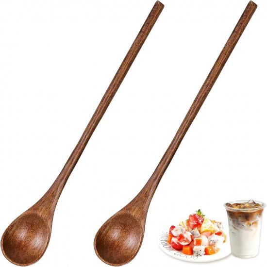 2 PCS Long Wooden Spoon Wooden Honey Spoon, 7.8 Inch Wood teaspoons for stirring, Mixing Spoons for Coffee with Long Handle for Kitchen Bar