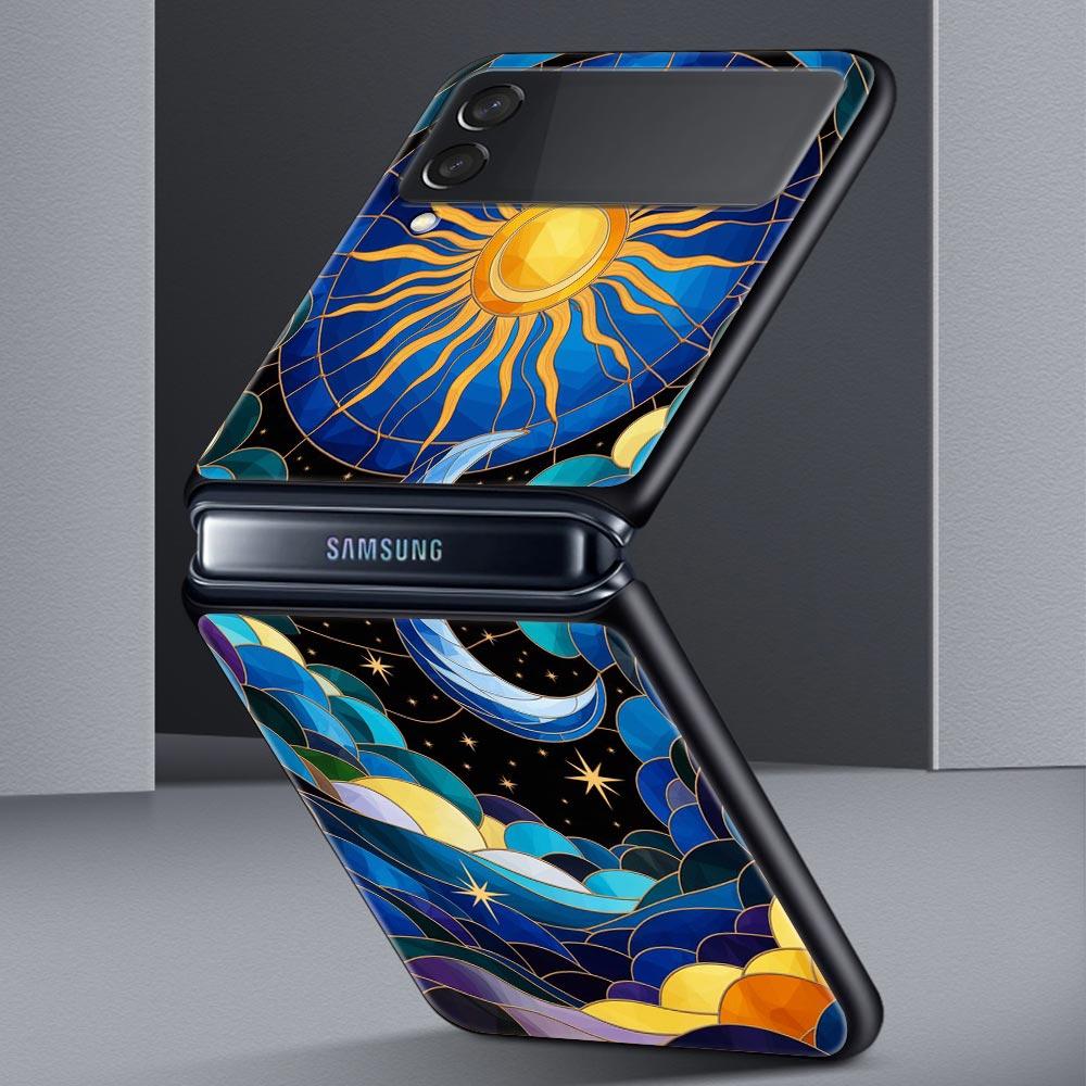 Beautiful Sun Moon Glass Hard PC Phone Case For Samsung Galaxy Z Flip 7 6 5 4 Black Cover For Galaxy Z Flip 3 Foldable Shell Bag