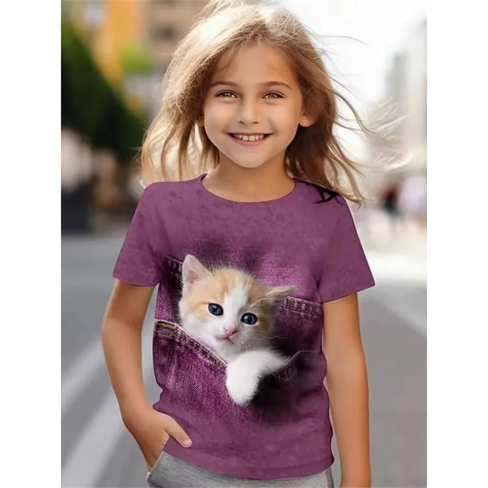 Fashionable Summer Children's Top Creative Colorful Cute Animal 3D Printed T-shirt Girls Comfortable Soft Breathable Short Sleeves T-shirt