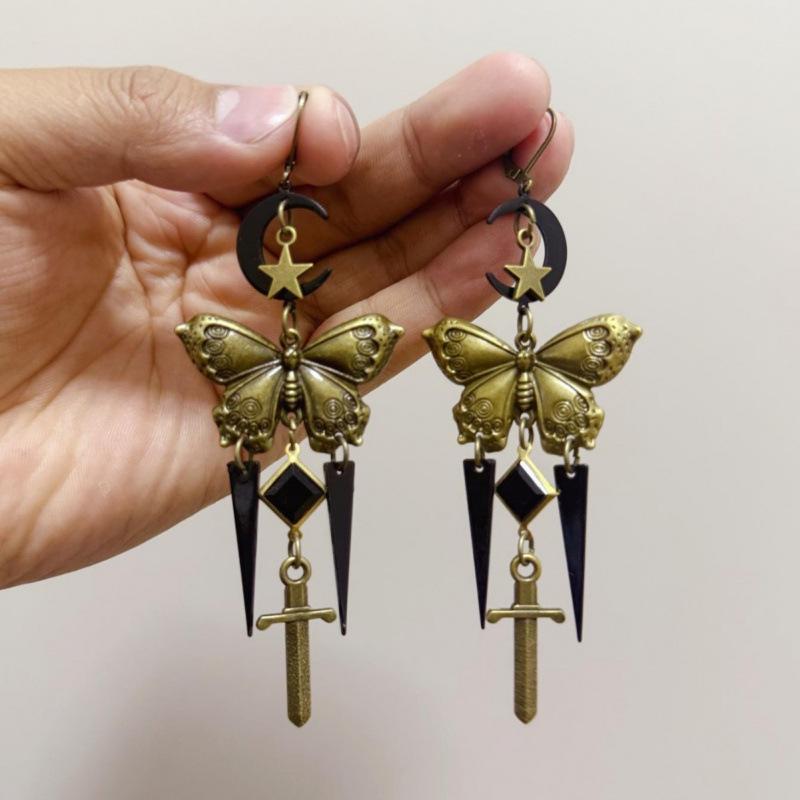 Retro Gothic Star Moon Butterfly Sword Tassel Earrings