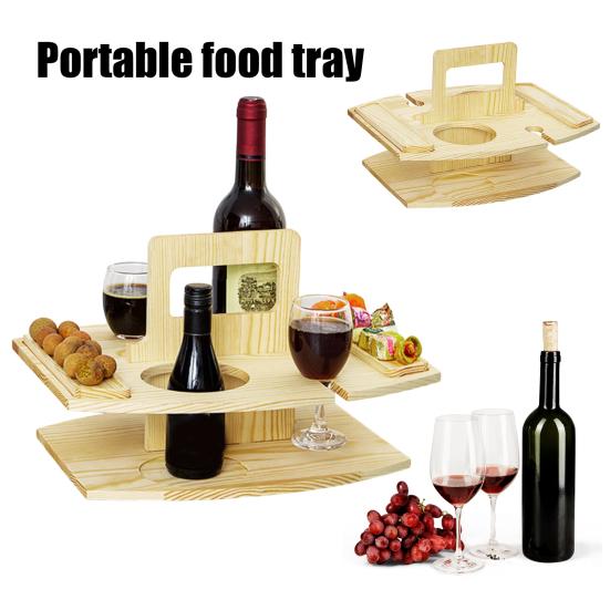 

Wooden Picnic Table Portable Food Tray with Wine Glass Holder Mini