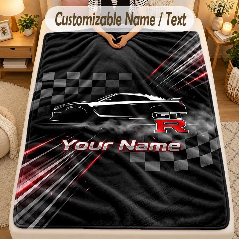 Flannel BlanketNissan GT-R Custom Name Text Personalized Soft Warm Throw Blanket Home Decor Gift