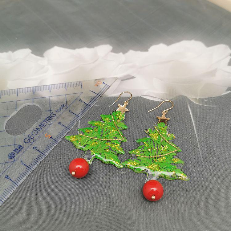 Handmade Epoxy Christmas Tree Earrings - Exquisite Gift for Her, European & American Dangle/Stud Clip-On Design