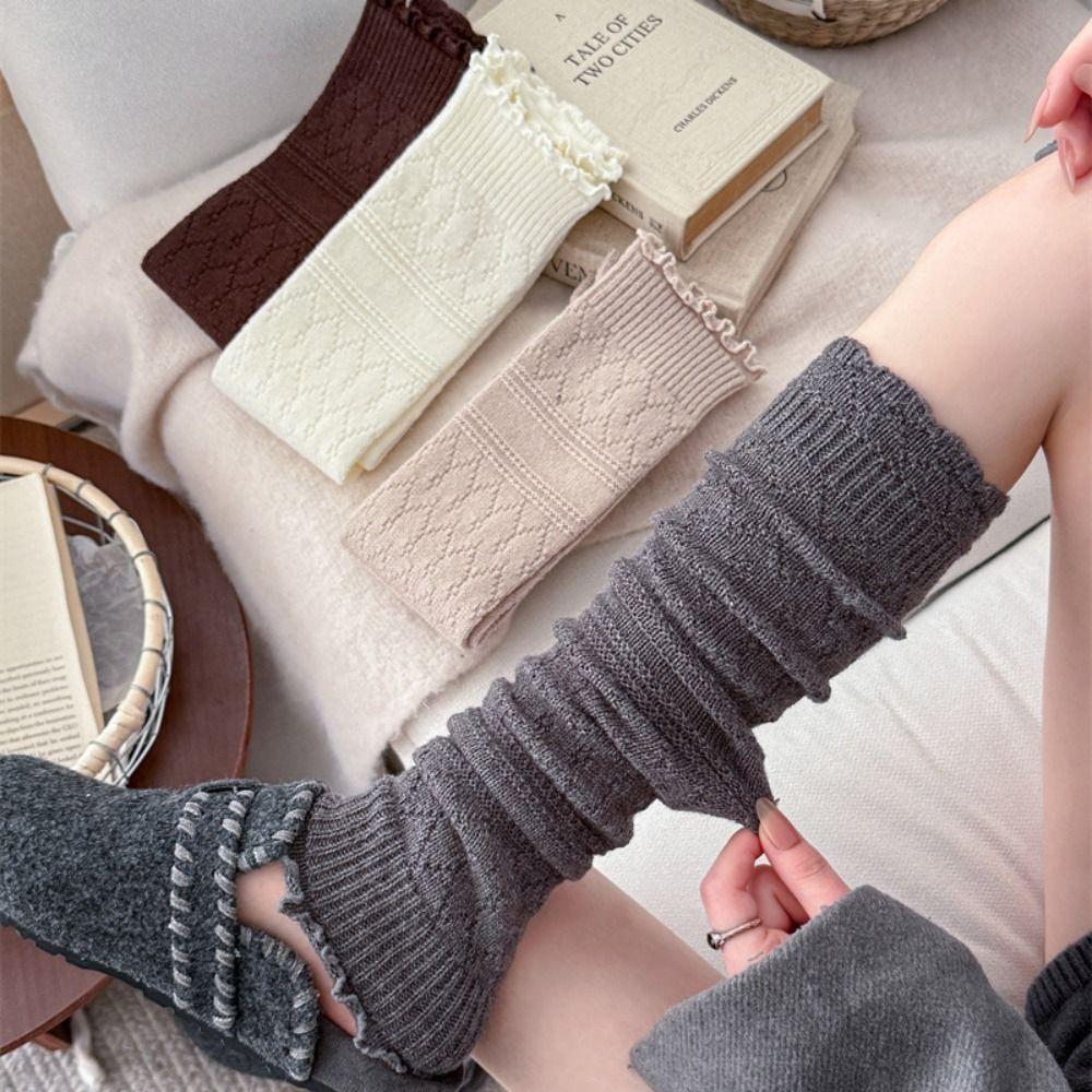 New Snowflake Leg Warmers Knitted Solid Color Lolita Long Socks Lace Keep Warm Mid-Calf Sock Winter
