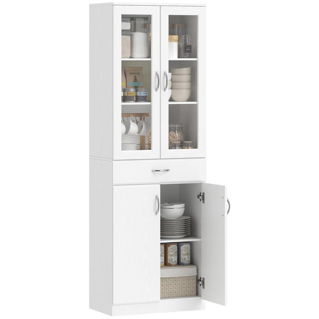 Mobile da Cucina Credenza con Ripiano Regolabile Cassetto 2 Ante Armadio Alto con Porta in Vetro 60 x 35 x 180 cm Bianco