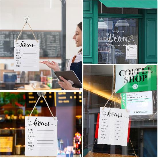 3 Pcs Dry Erase Store Hours Sign Set Include 8 x 10 Inch Erasable Business Hours Sign with Rope Dry Erase Maker and Suction Cup for Office Cafe