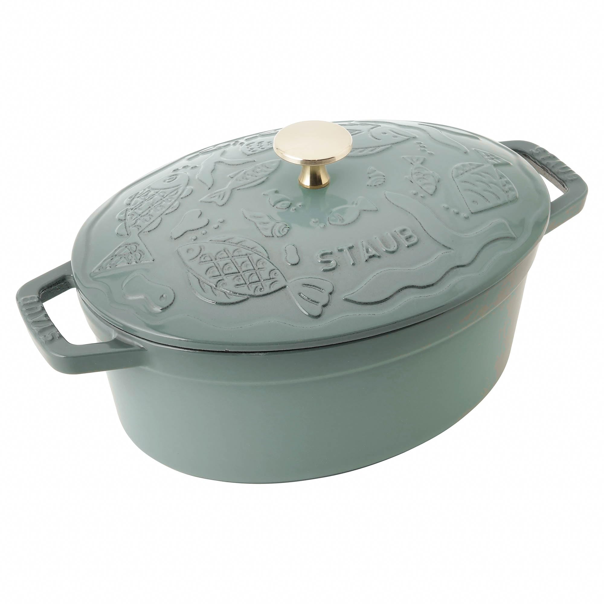 

staub Ocean Oval 23cm Eucalyptus Brass Knob Perhonen Cast Enamel Pot IH Compatible Japanese cocotte ocean [STAUB × minä perhonen] Cocotte евкаліптовий
