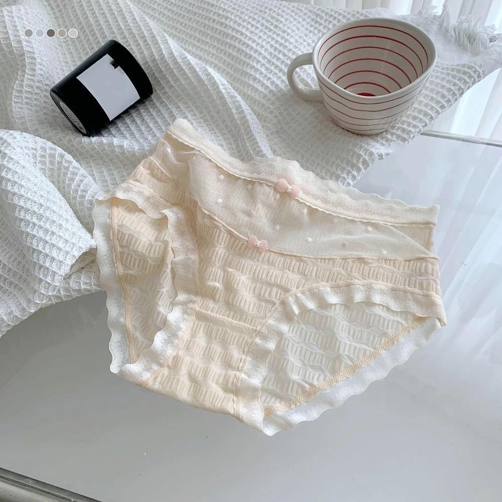 Mid Waist Underwear for Women Bow Mesh Briefs Summer Lace Seamless Panties Female