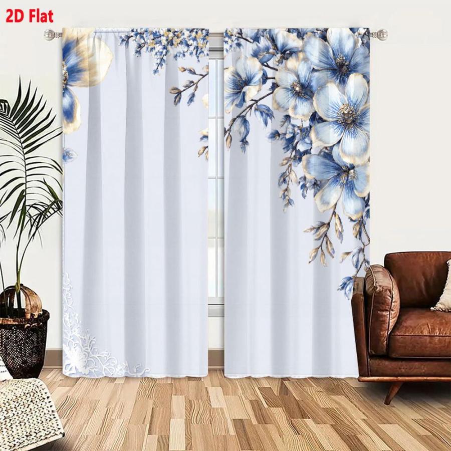 2PCS Digital Printed Curtains, Lace Blue Flowers Delicate Vintage Floral, Window Drapes for Living Room Bedroom Home Decoration