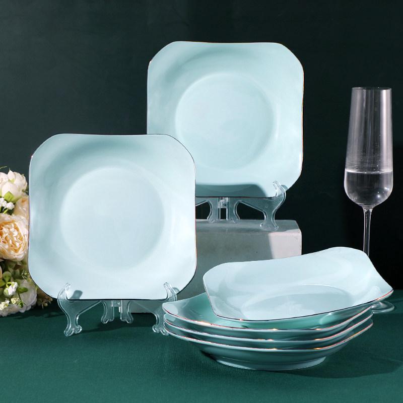 Gold Rim Celadon Square Plate - Light Luxury Ceramic Tableware Set