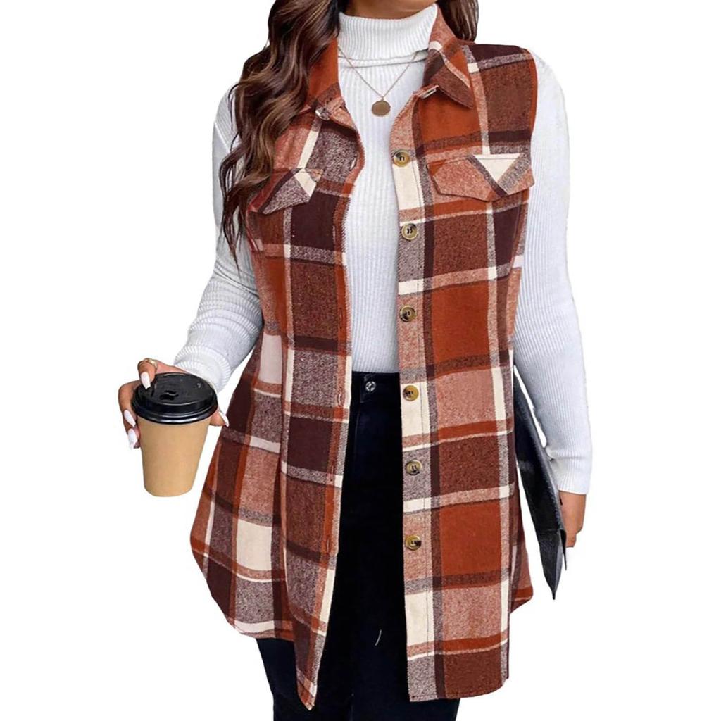 Women's Fashion Plus Size Brushed Plaid Collar Mid-Length Sleeveless Vest Jacket