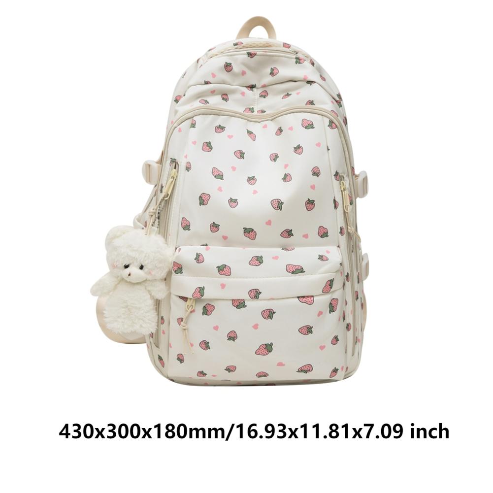 Woman Cute Backpack with Pendant Student Sweet Small Print School BookBag Large Capacity Multi-Pocket Laptop Bags Casual Daypack