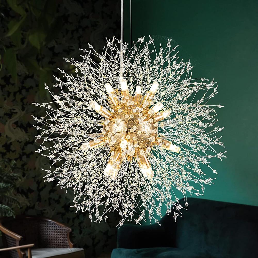 Modern Crystal Chandeliers Firework, Non-dimmable, 16-Light Gold Dandelion Sputnik Ceiling Light Fixtures, for Bedroom Living Room