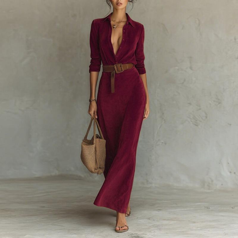Rochie Fitted cu Guler Lung de Cămașă și Talie Marcată din Piele Suede pentru Femei