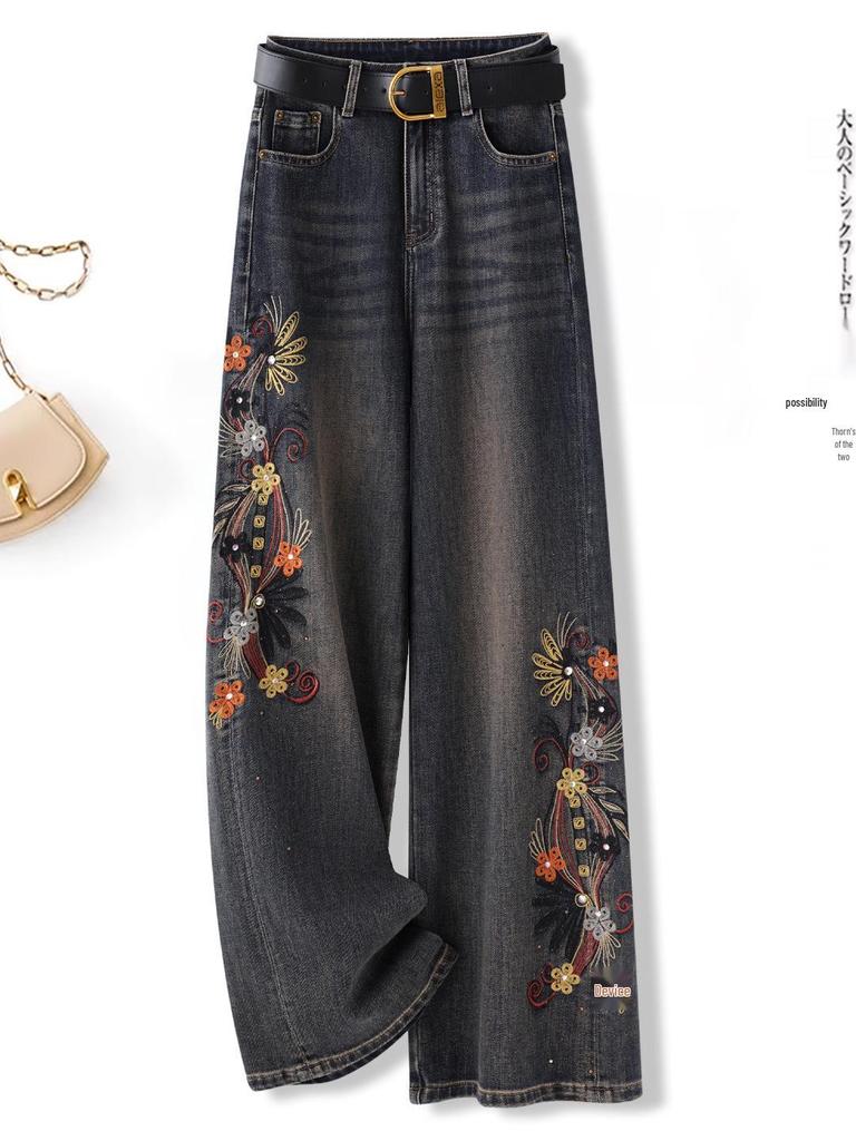 Women's Retro Embroidered Floral Wide-Leg Jeans, Autumn/Winter 2025 Collection
